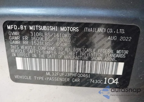 2023 Mitsubishi Mirage G4 Black Edition/Es/Le из США, поврежденный, VIN ML32FUFJ3PHF00461